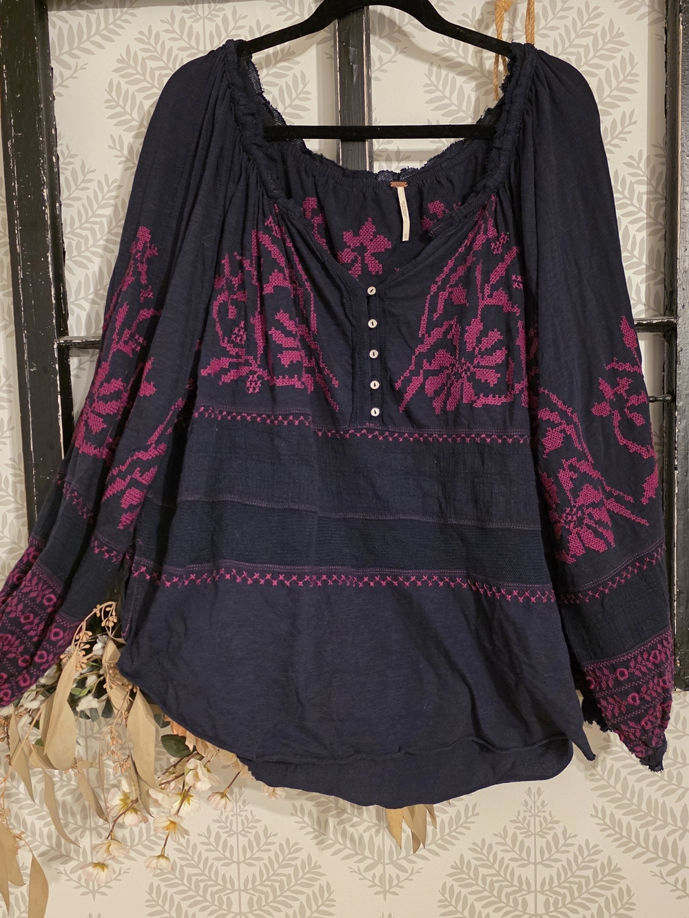 Free People Navy Tunic with Magenta Floral Embroidery